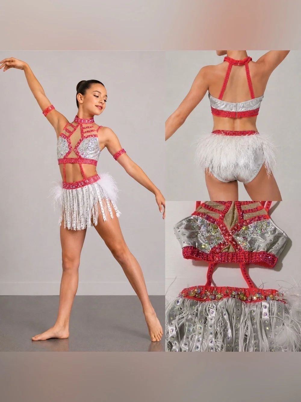 Glamour White Silver Fringe Feather Dance Costume LC Child Jazz Broadway Solo